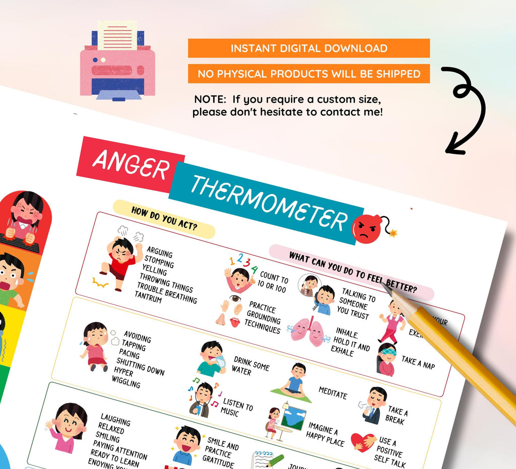 Anger Thermometer Printable, Kids & Teens, Emotional Regulation (Instant Download)