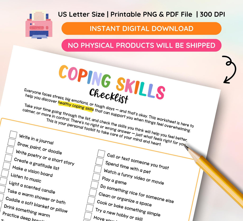 Coping Skills Checklist, Coping Strategy Tips, Grounding Techniques, Mental Health Worksheets, Instant Download