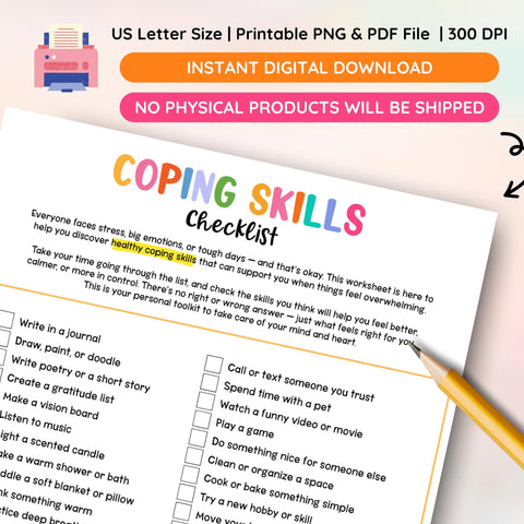 Coping Skills Checklist, Coping Strategy Tips, Grounding Techniques, Mental Health Worksheets, Instant Download