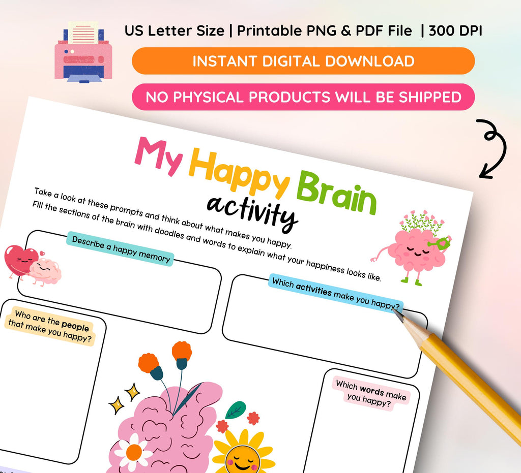 Happy Brain Activity Worksheets, Self-Love, Positivity & Gratitude Prompts, Emotional Regulation, Mental Health Journal, Instant Download