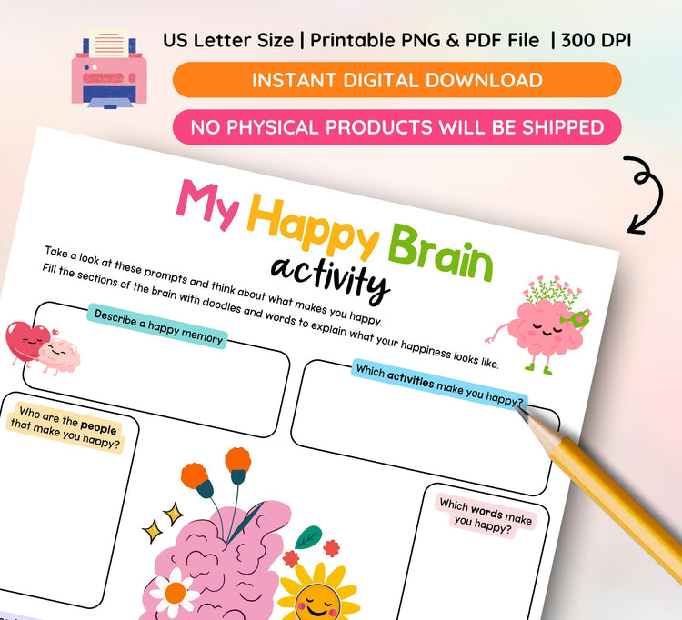 Happy Brain Activity Worksheets, Self-Love, Positivity & Gratitude Prompts, Emotional Regulation, Mental Health Journal, Instant Download