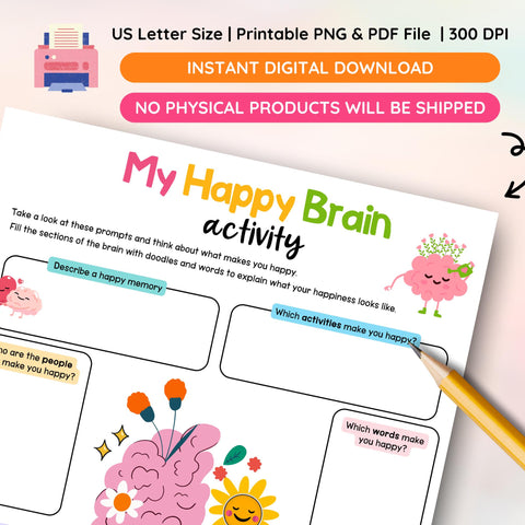 Happy Brain Activity Worksheets, Self-Love, Positivity & Gratitude Prompts, Emotional Regulation, Mental Health Journal, Instant Download