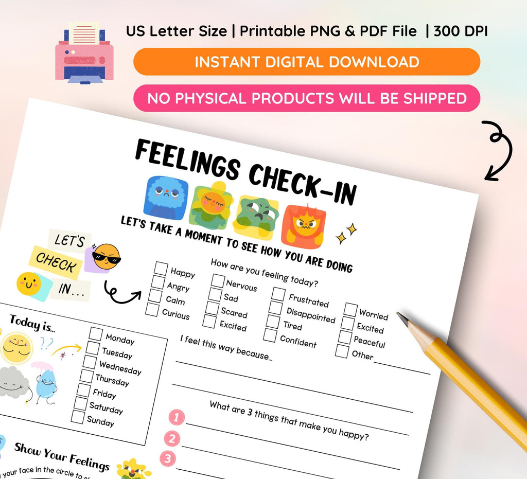 Feelings Check-In Worksheet: Social Emotional Learning, Self Regulation (PDF Download)