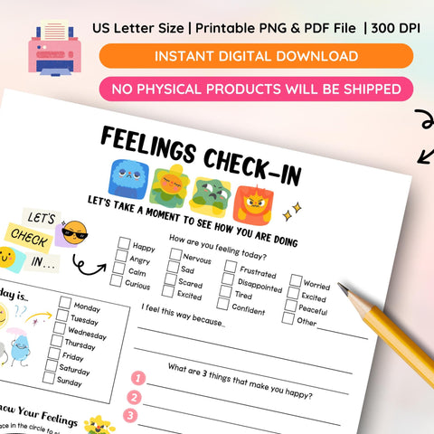 Feelings Check-In Worksheet: Social Emotional Learning, Self Regulation (PDF Download)