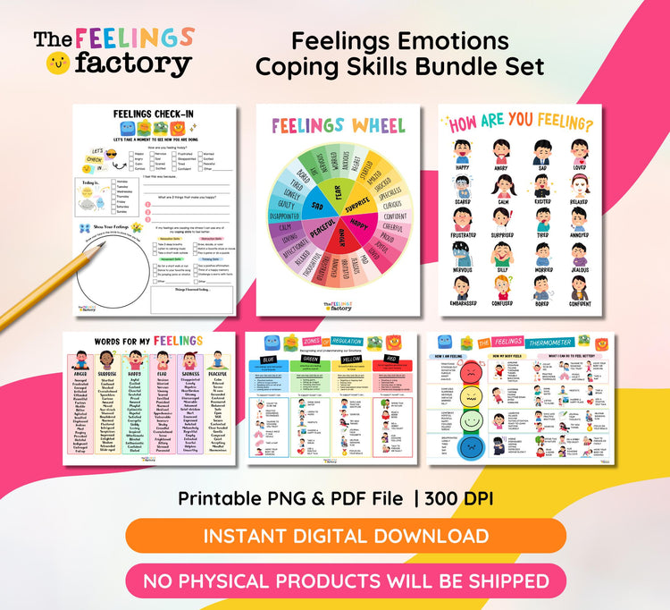 Feelings Emotions Coping Skills Bundle Set, SEL Activities, School Counseling, Feelings Wheel, Emotional Regulation Tools, Instant Download