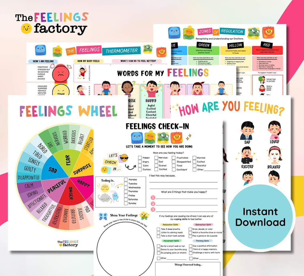 Feelings Emotions Coping Skills Bundle Set, SEL Activities, School Counseling, Feelings Wheel, Emotional Regulation Tools, Instant Download