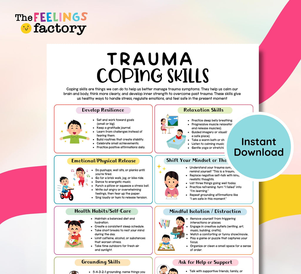 Trauma Coping Skills Chart: PTSD Recovery, Therapy Handout (PDF & PNG Instant Download