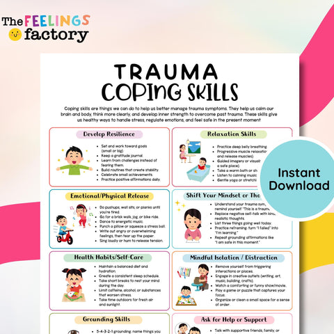 Trauma Coping Skills Chart: PTSD Recovery, Therapy Handout (PDF & PNG Instant Download