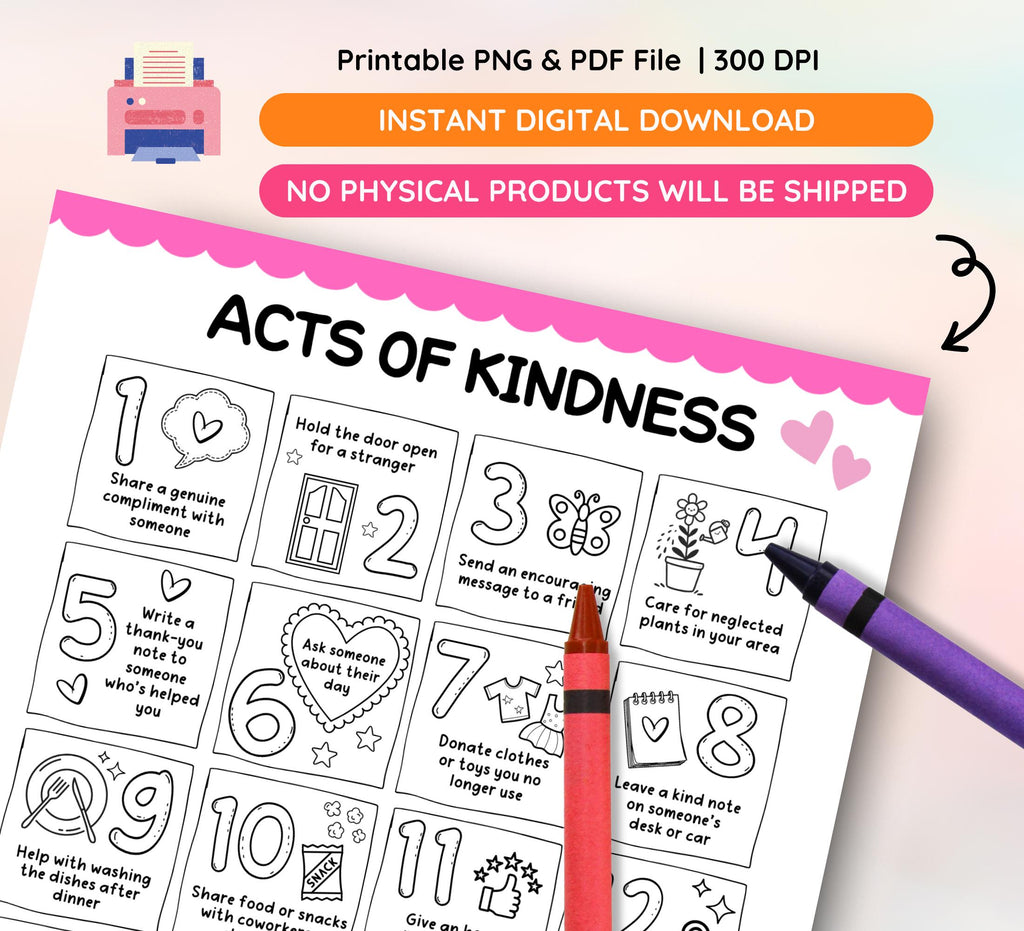 Acts of Kindness Worksheet: Kids Gratitude Journal (Digital Download PDF)