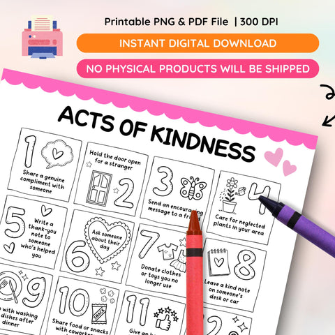 Acts of Kindness Worksheet: Kids Gratitude Journal (Digital Download PDF)