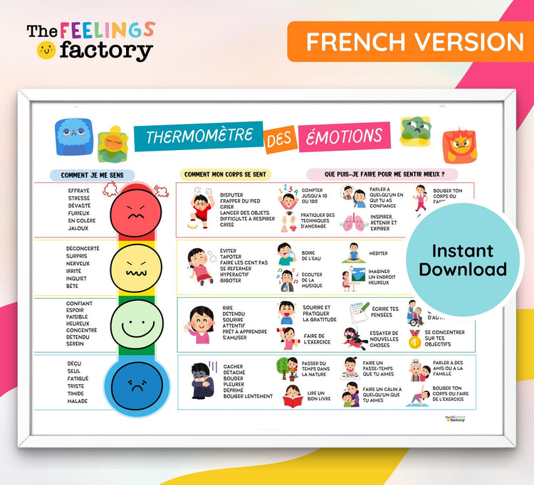 FRENCH Feelings Thermometer Chart & Coping Skills Poster: Mental Health Tools (PDF Download)