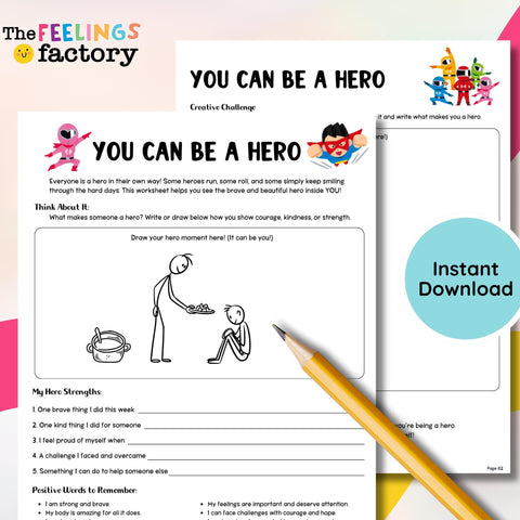 You Can Be A Hero Printable Worksheets, Courage Activity, Strength Resilience Activity, Emotional Wellness Self Esteem PDF, Digital Download
