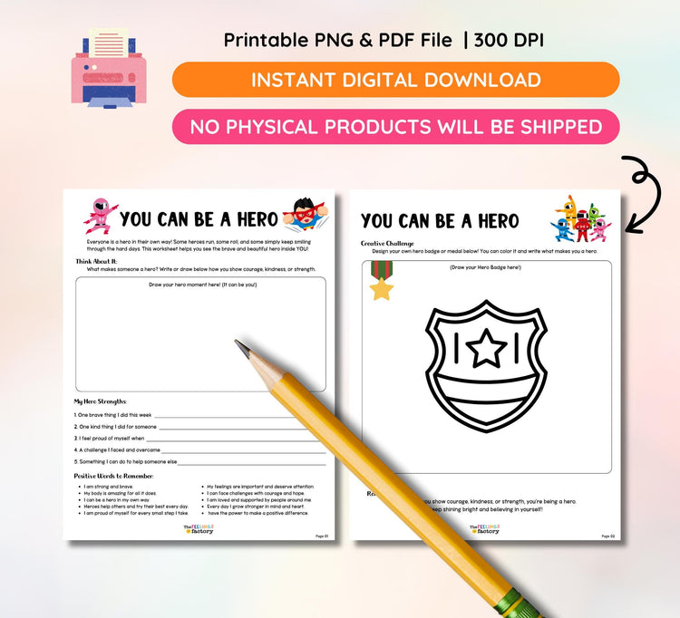 You Can Be A Hero Printable Worksheets, Courage Activity, Strength Resilience Activity, Emotional Wellness Self Esteem PDF, Digital Download